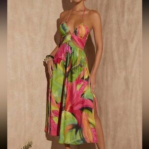 Tropical Print Split Thigh Halter Dress